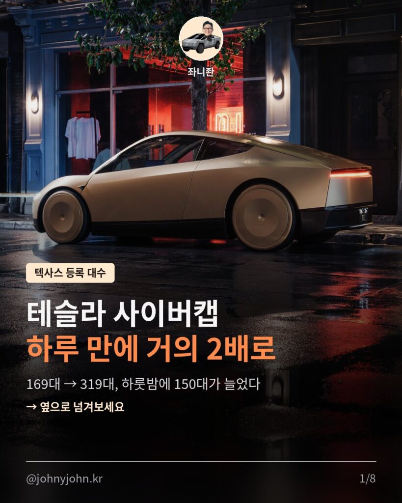 사이버캡 하루 만에 150대 추가, 텍사스 등록 169대 → 319대 (출시 약 5주 만에 7배) 카드뉴스 1장