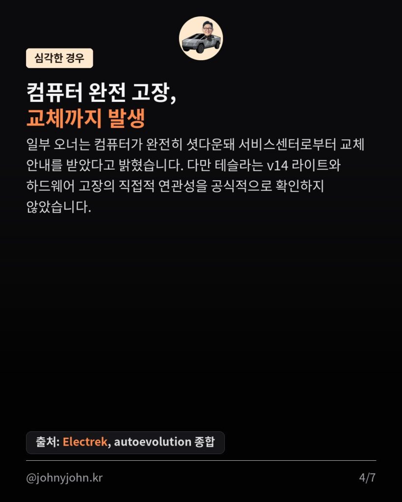 FSD v14 라이트 쓰다가 HW3 컴퓨터가 죽는다? 국내 오너들도 촉각 카드뉴스 4장