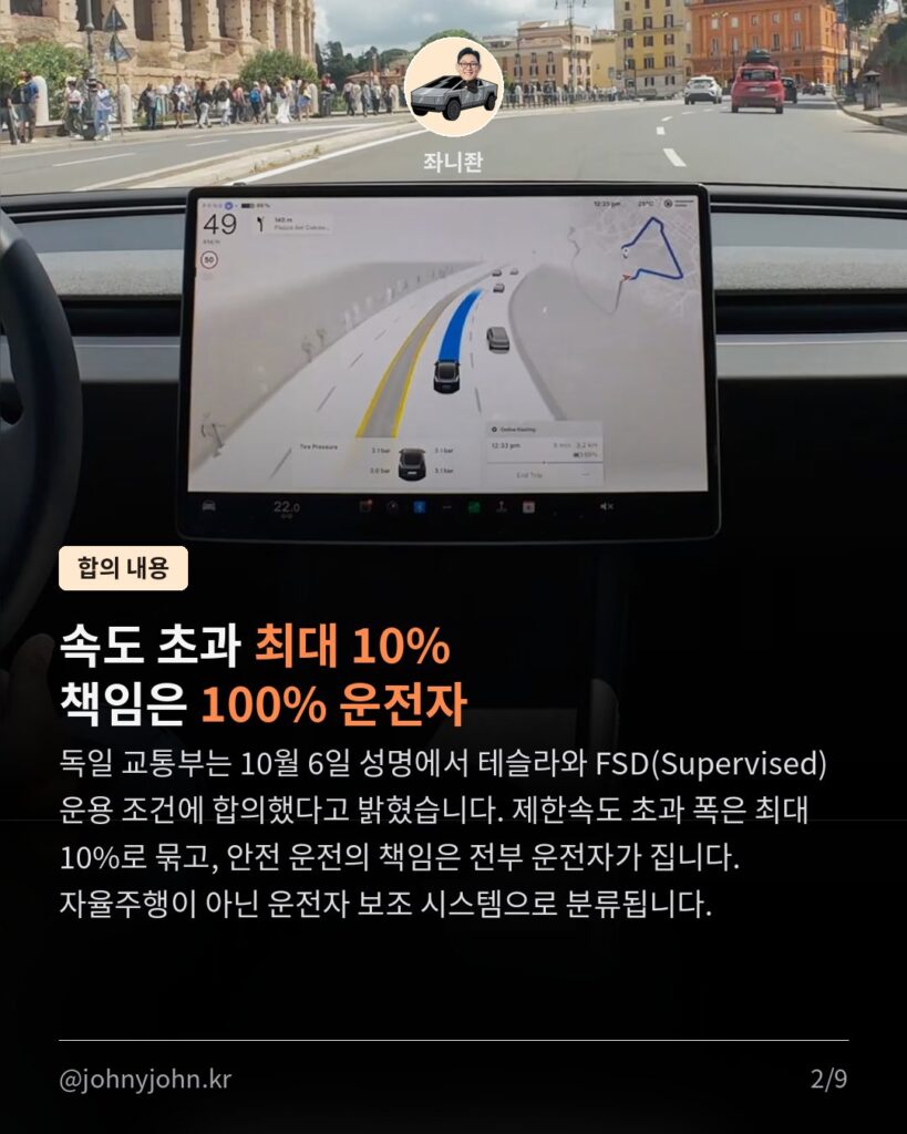 독일, 테슬라 FSD EU 전체 승인 지지 (속도 초과 최대 10%, 책임은 운전자) 카드뉴스 2장
