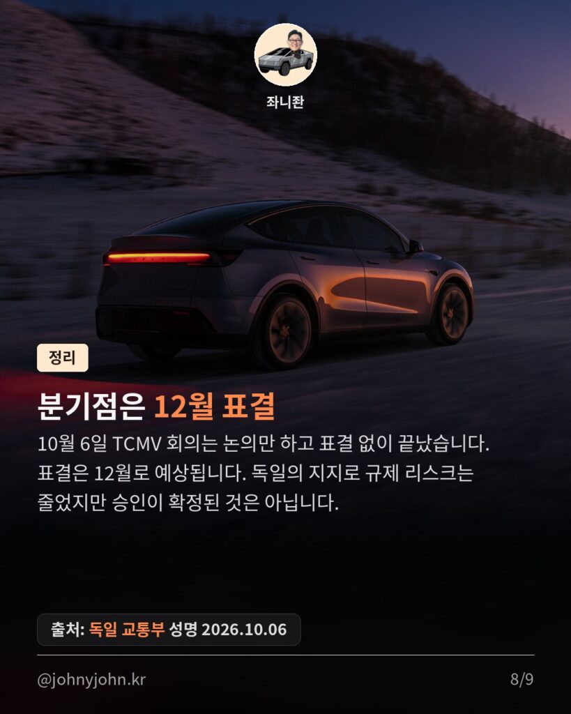 독일, 테슬라 FSD EU 전체 승인 지지 (속도 초과 최대 10%, 책임은 운전자) 카드뉴스 8장
