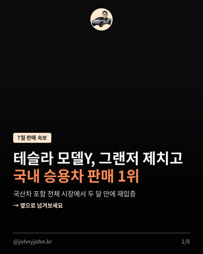 모델Y, 그랜저까지 제치고 국내 승용차 판매 1위 (7월 8,705대) 카드뉴스 1장