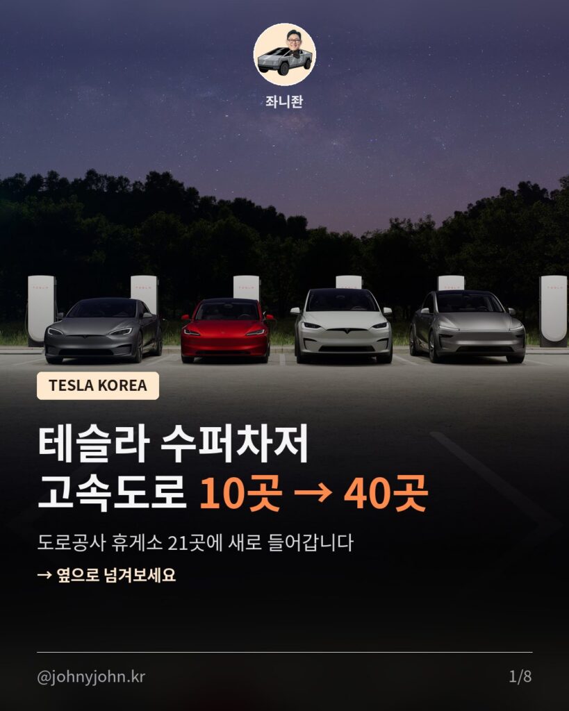 테슬라 수퍼차저, 고속도로 휴게소 10곳 → 40곳 (도로공사 휴게소 21곳 신규) 카드뉴스 1장