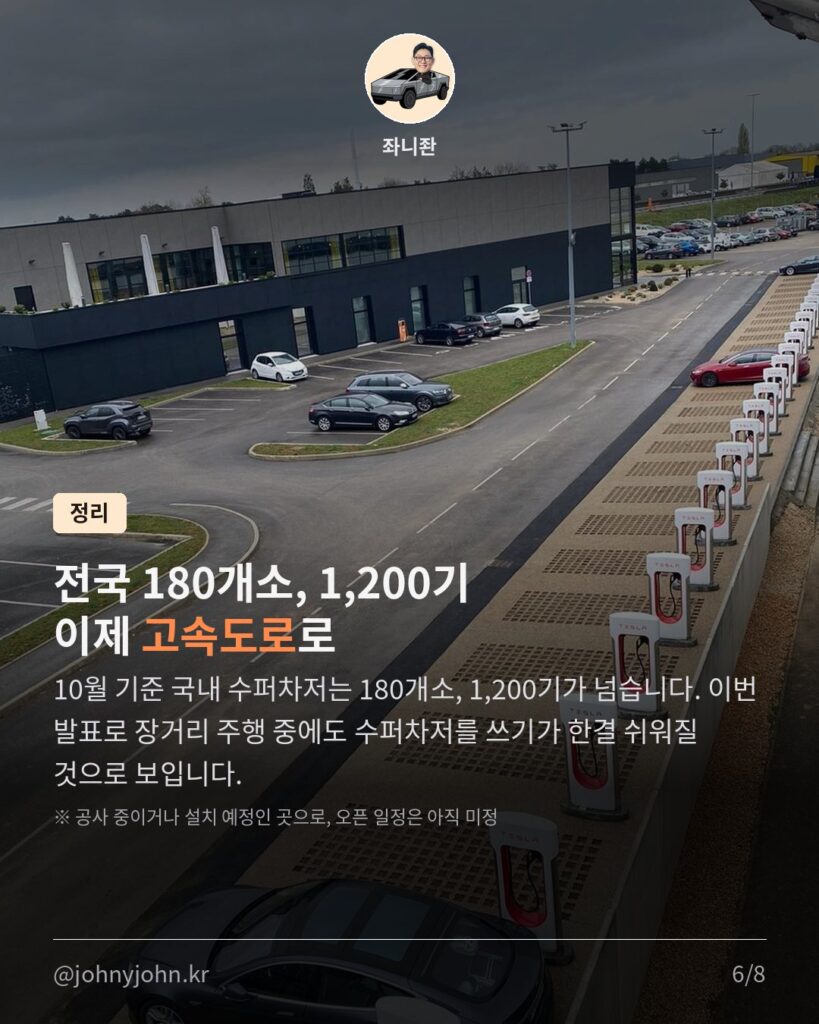 테슬라 수퍼차저, 고속도로 휴게소 10곳 → 40곳 (도로공사 휴게소 21곳 신규) 카드뉴스 6장