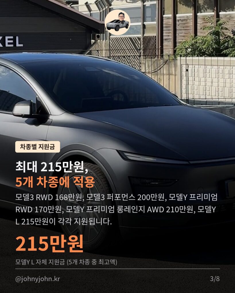 테슬라코리아, 보조금 끊긴 지역엔 자체 지원금 쏜다 (최대 215만원) 카드뉴스 3장
