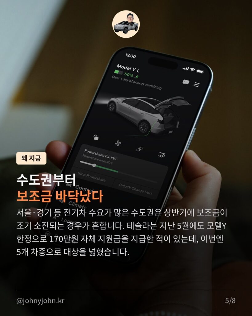 테슬라코리아, 보조금 끊긴 지역엔 자체 지원금 쏜다 (최대 215만원) 카드뉴스 5장