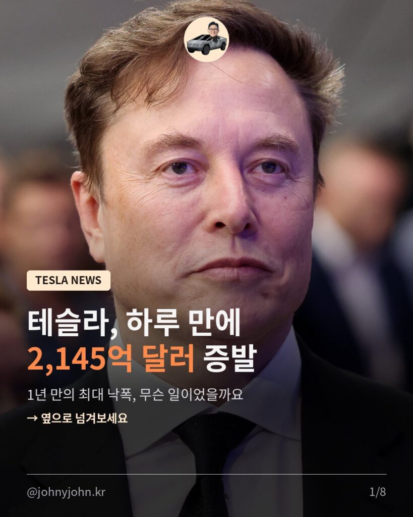 테슬라 하루 만에 시총 2,145억$ 증발, 무슨 일이었을까 테슬라 하루 만에 시총 2,145억$ 증발, 무슨 일이었을까 카드뉴스 1장